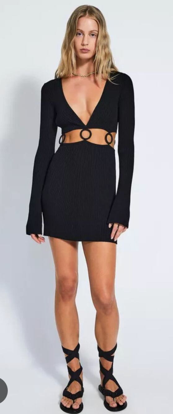 Devon Windsor Dress Small Flora Knit Mini Cut Out Black Party Sexy Indie Sleaze